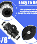 Three Eighths Inch Push To Connect Pneumatic Valve With Ball Valve For Air Flow Control and Quick Connect Air Line Fittings