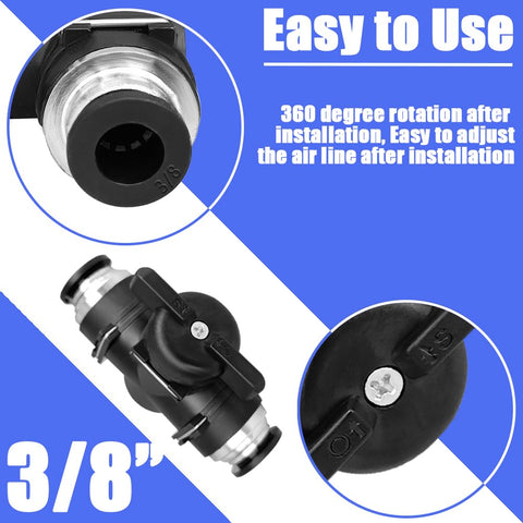 Three Eighths Inch Push To Connect Pneumatic Valve With Ball Valve For Air Flow Control and Quick Connect Air Line Fittings