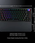 Wireless Mechanical Gaming Keyboard With Gasket Mount And 75 Layout Using Clicky Pbt Keycaps Brushed Aluminum Build, top view with dimensions and wrist rest.