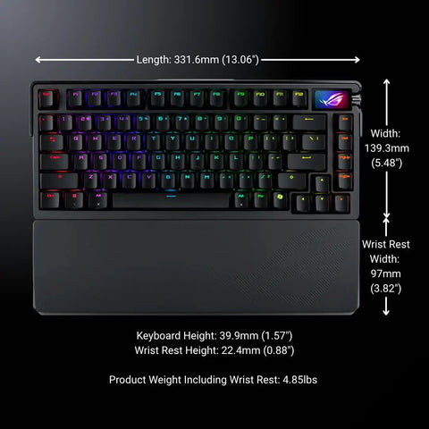 Wireless Mechanical Gaming Keyboard With Gasket Mount And 75 Layout Using Clicky Pbt Keycaps Brushed Aluminum Build, top view with dimensions and wrist rest.