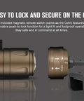 Close-up of Odin Mini Ultra Compact Tactical Flashlight For Hunting And Outdoors Legit 1250 Lumens 240 Meter Beam Rechargeable Weapon Light with switch.