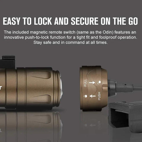 Close-up of Odin Mini Ultra Compact Tactical Flashlight For Hunting And Outdoors Legit 1250 Lumens 240 Meter Beam Rechargeable Weapon Light with switch.