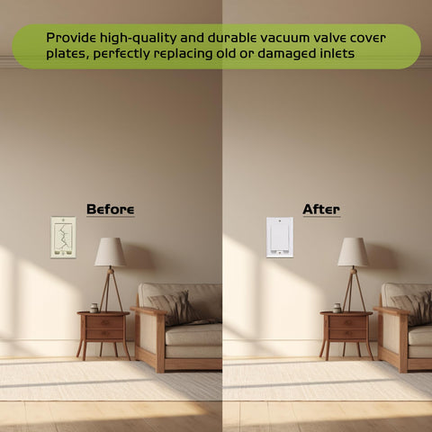 Before and after installation of Square Door Low Voltage Central Vacuum Inlet Wall Plate For Nutone Beam VacuFlow Electrolux Systems