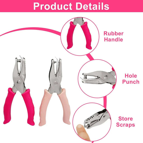 Two Pack Single Hole Paper Punch Metal Handheld Craft Hole Puncher With Soft Grip Handle Perfect For Scrapbooking DIYers Cards And Tags And Tickets Durable Stainless Steel Build Pink And Rose Handles