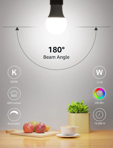 Dimmable LED Bulbs 100W Equivalent 14W 1500LM Daylight White 5000K A19 E26 Base 180-degree beam angle on table setting.