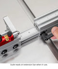 Universal Fit In Dexable Miter Gauge For Table Saw with micro adjust scale visible on extension bar during use.