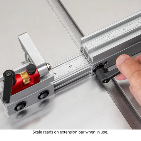 Universal Fit In Dexable Miter Gauge For Table Saw with micro adjust scale visible on extension bar during use.