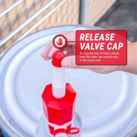 Hand adjusting valve cap on Portable Manual Fuel Drum Pump For Fifty Five Gallon Drums with adjustable length and hose