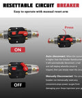 Road Ready 20 Amp 12 To 24 Volt Waterproof Automotive Circuit Breaker With Shop Tough Manual Reset Push Button Inline Fuse Protector image showing ON OFF positions.