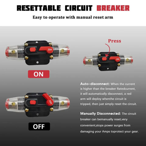 Road Ready 20 Amp 12 To 24 Volt Waterproof Automotive Circuit Breaker With Shop Tough Manual Reset Push Button Inline Fuse Protector image showing ON OFF positions.