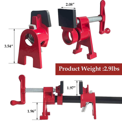 Two Pack Three Quarter Inch Pipe Clamps For Woodworking Heavy Duty Cast Iron Bar Clamps With H Shaped Feet, close-up view