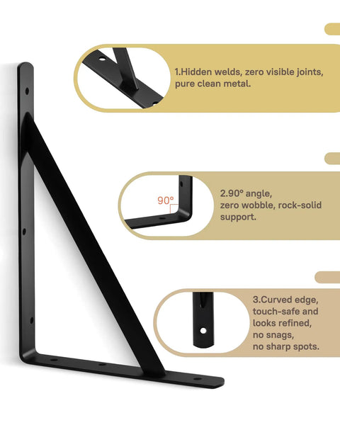 Beefy 12 Inch by 8 Inch Heavy Duty Shelf Brackets 600 Lb Per Pair Black Metal L Brackets for Wall Mounted Floating Shelves