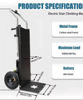 Heavy-Duty Electric Stair Climber Hand Truck With 400kg Load And 1200W Brushless Motor specifications, showing carbon steel frame, dimensions, and battery.