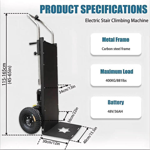 Heavy-Duty Electric Stair Climber Hand Truck With 400kg Load And 1200W Brushless Motor specifications, showing carbon steel frame, dimensions, and battery.