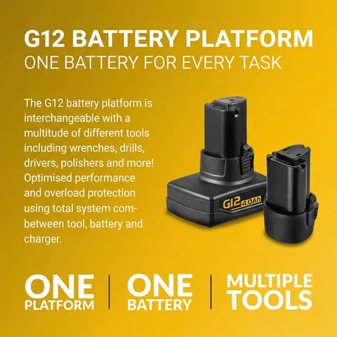 G12 battery platform compatible with various tools like the 12V Li-Ion Cordless Brushless Ratchet Wrench Kit With 3/8 Inch Drive.