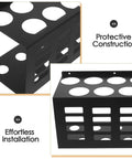 Badass Wall Mounted Caulk Tube Organizer Rack With 11 Hella Durable Slots For No Sweat Storage And Quick Install Sweet For Garage Or Shop Smooth Edge Frame, black metal construction with circular slots for tubes.