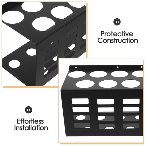 Badass Wall Mounted Caulk Tube Organizer Rack With 11 Hella Durable Slots For No Sweat Storage And Quick Install Sweet For Garage Or Shop Smooth Edge Frame, black metal construction with circular slots for tubes.