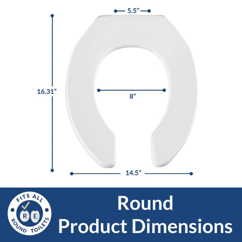 Commercial Open Front Plastic Toilet Seat Built For Busy High Traffic Heavy Use Restrooms Heavy Duty Round White dimensions