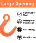 Front view of orange G80 alloy steel lifting hook with large opening for crane lifting.