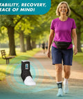 Woman walking on a path wearing Speed Lacer Ankle Brace With Quick Pull Hook And Loop Closure Delivers Fast Even Compression Black Large