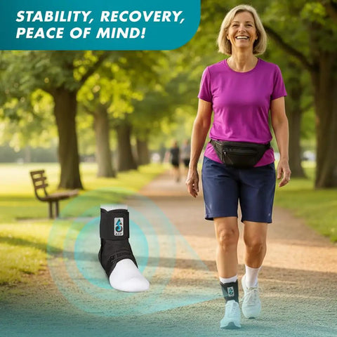 Woman walking on a path wearing Speed Lacer Ankle Brace With Quick Pull Hook And Loop Closure Delivers Fast Even Compression Black Large