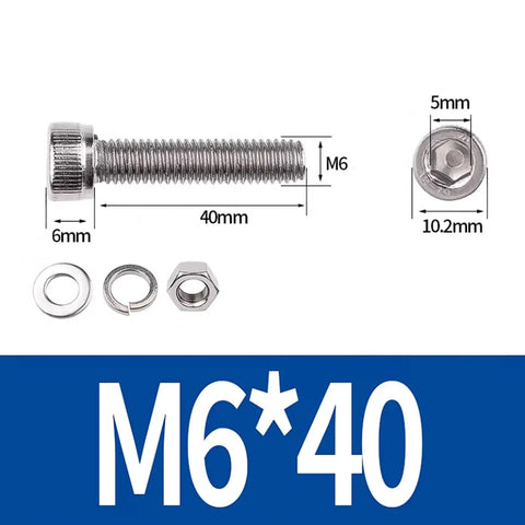 304 Stainless Steel M6 Hex Socket Head Cap Screws And Nuts Kit With Flat Spring Washers Fastener Set For Indoor And Outdoor Use Durable Tough As Nails Hardware With Smooth Threads And Quick Easy Tightening, M6 x 40mm