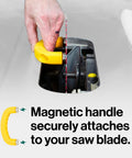 Person using magnetic handle with BladeClean Saw Blade And Router Bit Cleaning Kit System for safe blade lifting.