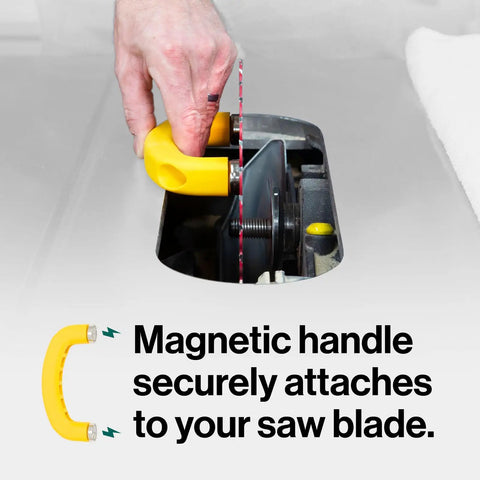 Person using magnetic handle with BladeClean Saw Blade And Router Bit Cleaning Kit System for safe blade lifting.