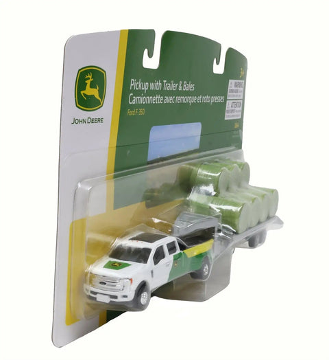 1/64 Scale Farm Toy Pickup With Trailer And Bale Load Rig in packaging, die-cast metal, with realistic dealer graphics