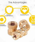 Brass Knurled Threaded Inserts Kit For 3D Printing M2 M3 M4 M5 Female Fasteners Assortment Pack 460 Pieces Press Fit Embedment Nuts For DIY Projects And Hobby Hardware shown with durability and strength attributes.