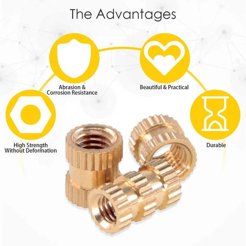 Brass Knurled Threaded Inserts Kit For 3D Printing M2 M3 M4 M5 Female Fasteners Assortment Pack 460 Pieces Press Fit Embedment Nuts For DIY Projects And Hobby Hardware shown with durability and strength attributes.