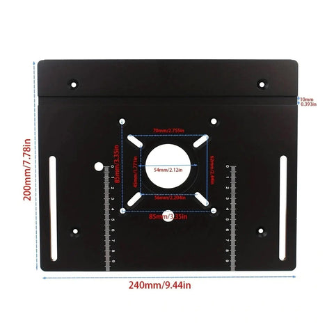 Top Notch Aluminum Router Table Insert Plate Featuring Crisp Measurement Scale And Rock Solid Flip Base For High Precision Woodworking Jobs Finished Off Nicely In Cool Sky Blue, showing measurement details and mounting holes.