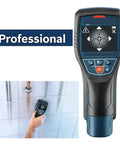 Killer Pro Wall Scanner And Digital Stud Finder locating pipes and wires on tiled wall with user holding device.