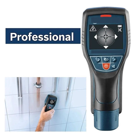 Killer Pro Wall Scanner And Digital Stud Finder locating pipes and wires on tiled wall with user holding device.