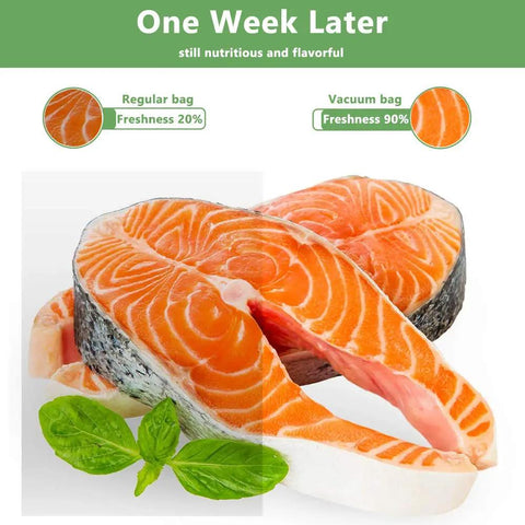 Comparison of regular bag vs vacuum bag freshness for salmon with Bang For Your Buck Vacuum Sealer Bags Rolls 4 Pack 11 Inch By 25 Feet