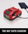 Dang Compact Cordless Right Angle Impact Driver With 12V Brushless Motor And Quarter Inch Hex Chuck Featuring 20Ah USB C Battery and 20W Charger Plus Belt Clip showing two-way rapid charging.