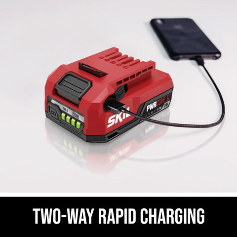Dang Compact Cordless Right Angle Impact Driver With 12V Brushless Motor And Quarter Inch Hex Chuck Featuring 20Ah USB C Battery and 20W Charger Plus Belt Clip showing two-way rapid charging.