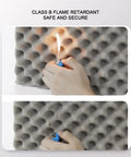 High Density Egg Crate Acoustic Foam Roll With Rock Solid Self Adhesive Backing Flame Retardant Heavy Duty Sound Insulation Panels showing flame test.