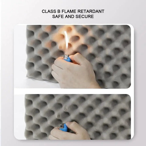 High Density Egg Crate Acoustic Foam Roll With Rock Solid Self Adhesive Backing Flame Retardant Heavy Duty Sound Insulation Panels showing flame test.