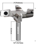Pro Series Four Wing CNC Spoilboard Surfacing Router Bit Three Inch Cutting Diameter With One Half Inch Shank For Woodworking Milling Carbide Tipped Replaceable Blade Flat Slab Surface Tool shown with dimensions in millimeters and inches.