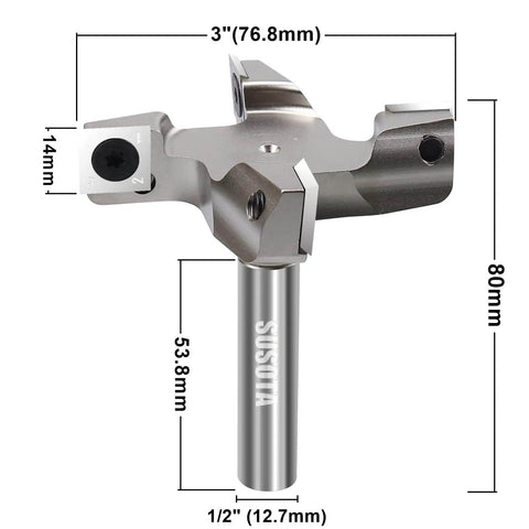 Pro Series Four Wing CNC Spoilboard Surfacing Router Bit Three Inch Cutting Diameter With One Half Inch Shank For Woodworking Milling Carbide Tipped Replaceable Blade Flat Slab Surface Tool shown with dimensions in millimeters and inches.