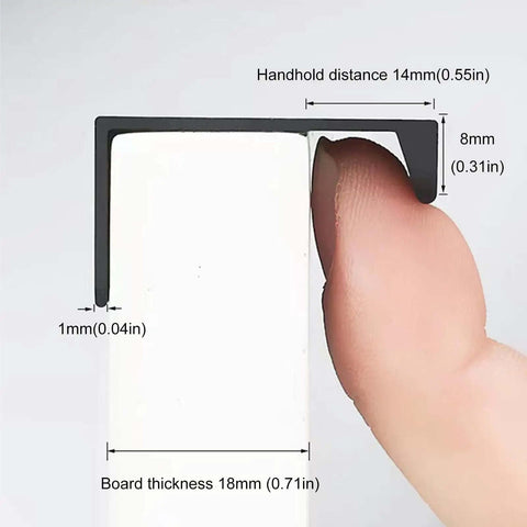 Close-up of Sleek Black Aluminum Furniture Handles Set showing dimensions and thickness details for easy installation