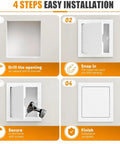 Four steps to install Rock Solid Aluminum Push To Open Access Panel for Drywall 15X18, showing tools and installation process.