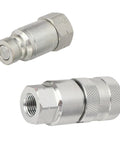 Grab This Beefy Pair Of 1/4 Inch NPT Flat Face Hydraulic Quick Couplers Made Tough Carbon Steel For High Pressure Worksite Rigging Rated 5076 PSI Boss Mode With Dust Caps To Lock And Seal Like A Pro On Any Job Site Grind. 1/4 NPT steel couplers, one flat-face male, one threaded female