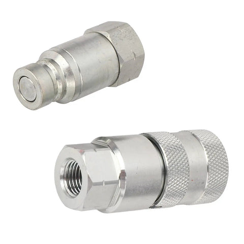 Grab This Beefy Pair Of 1/4 Inch NPT Flat Face Hydraulic Quick Couplers Made Tough Carbon Steel For High Pressure Worksite Rigging Rated 5076 PSI Boss Mode With Dust Caps To Lock And Seal Like A Pro On Any Job Site Grind. 1/4 NPT steel couplers, one flat-face male, one threaded female