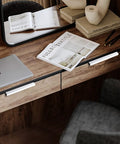 Six Pack Finger Edge Drawer Pull Handles In Bright White For Cabinets And Kitchen Drawers Hidden Mount Aluminum Hardware shown on wooden desk