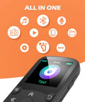 Close-up of 64GB MP3 Player With Clip For Sports A65 Bluetooth 5 Point 3 Music Player with interface icons and text display.