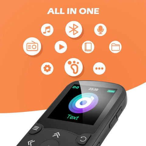 Close-up of 64GB MP3 Player With Clip For Sports A65 Bluetooth 5 Point 3 Music Player with interface icons and text display.