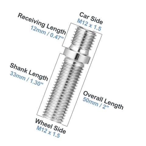 Upgrade Your Ride With These Boxonly M12x1.5 To M12x1.5 50mm Wheel Stud Conversion Kit Bolts Made For BMW Z3 Z4 And 3 Series Series Cars Offering Rock Solid Chrome Steel Rust Resistance And Super Easy Alignment Every single Time. Chrome steel M12x1.5 wheel stud conversion bolt, 50mm overall length, 33mm shank
