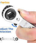 Close-up of HVAC Service Wrench Kit with Quick Flip Ratchet for air conditioning valves, showing size markings and reversing lever.